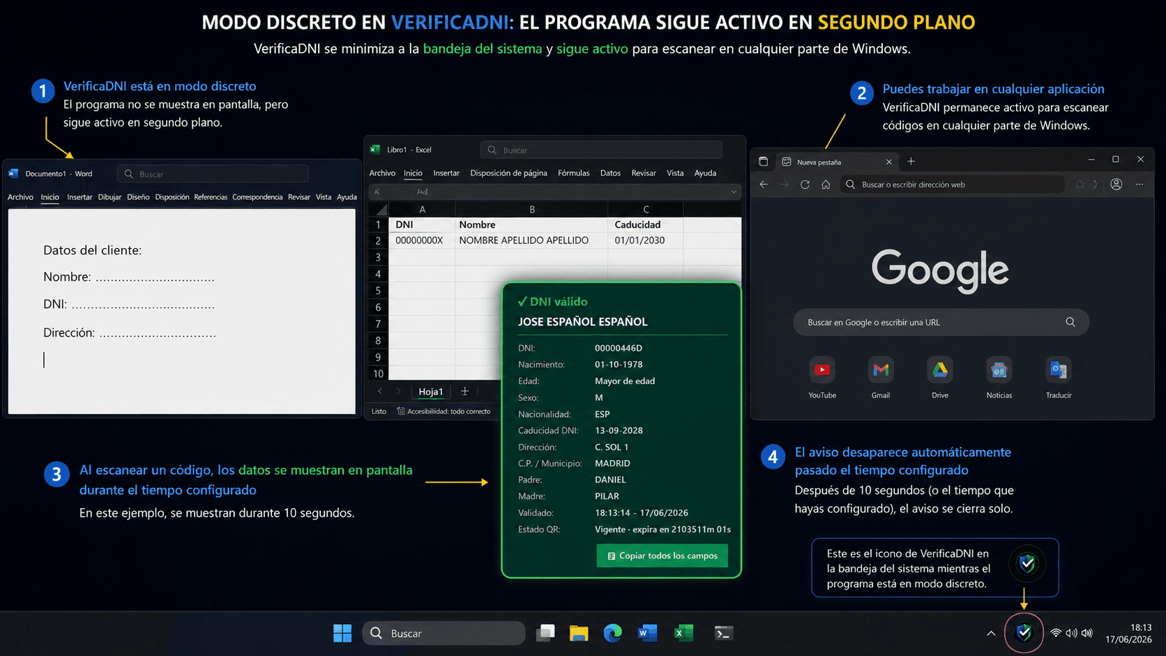 VerificaDNI en bandeja del sistema — validación MiDNI en segundo plano con resultado automático al escanear